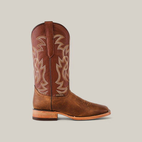 The Siberia Honey - Square Toe boot features premium leather craftsmanship with intricate white embroidery, a stacked wooden heel, a square toe, and convenient side pull straps. Set against a plain background, its design captures the essence of classic cowboy boots.