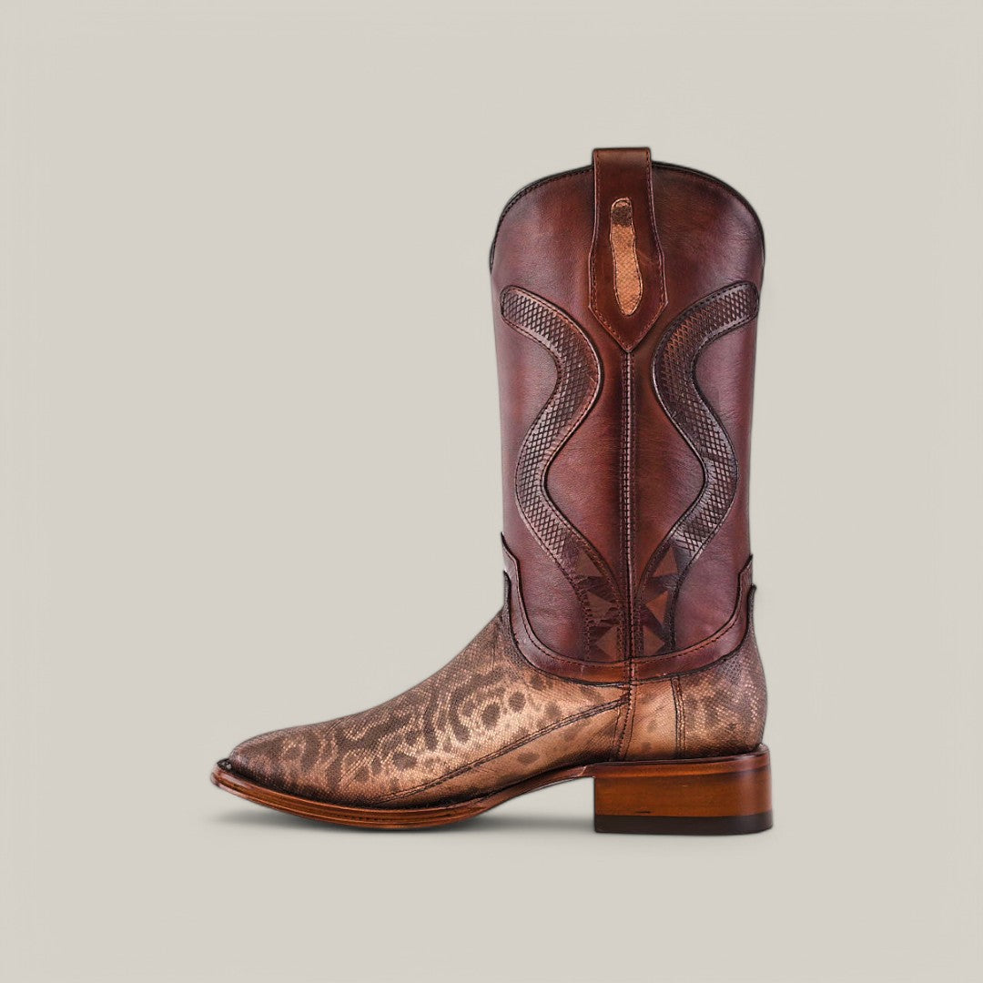 The Exotic Carunga - Diamond - Natural boot exudes cowboy charm with intricate stitching, a mix of smooth and textured patterns. Made from genuine exotic leather, it features a square toe, mid-height heel, and pull-on design with top loops against a plain light beige background.