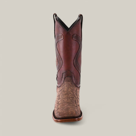 The Exotic Carunga - Diamond boot in natural tone is showcased from the front against a plain background. This genuine leather cowboy boot has a square toe, textured details, and intricate patterned stitching on the shaft.
