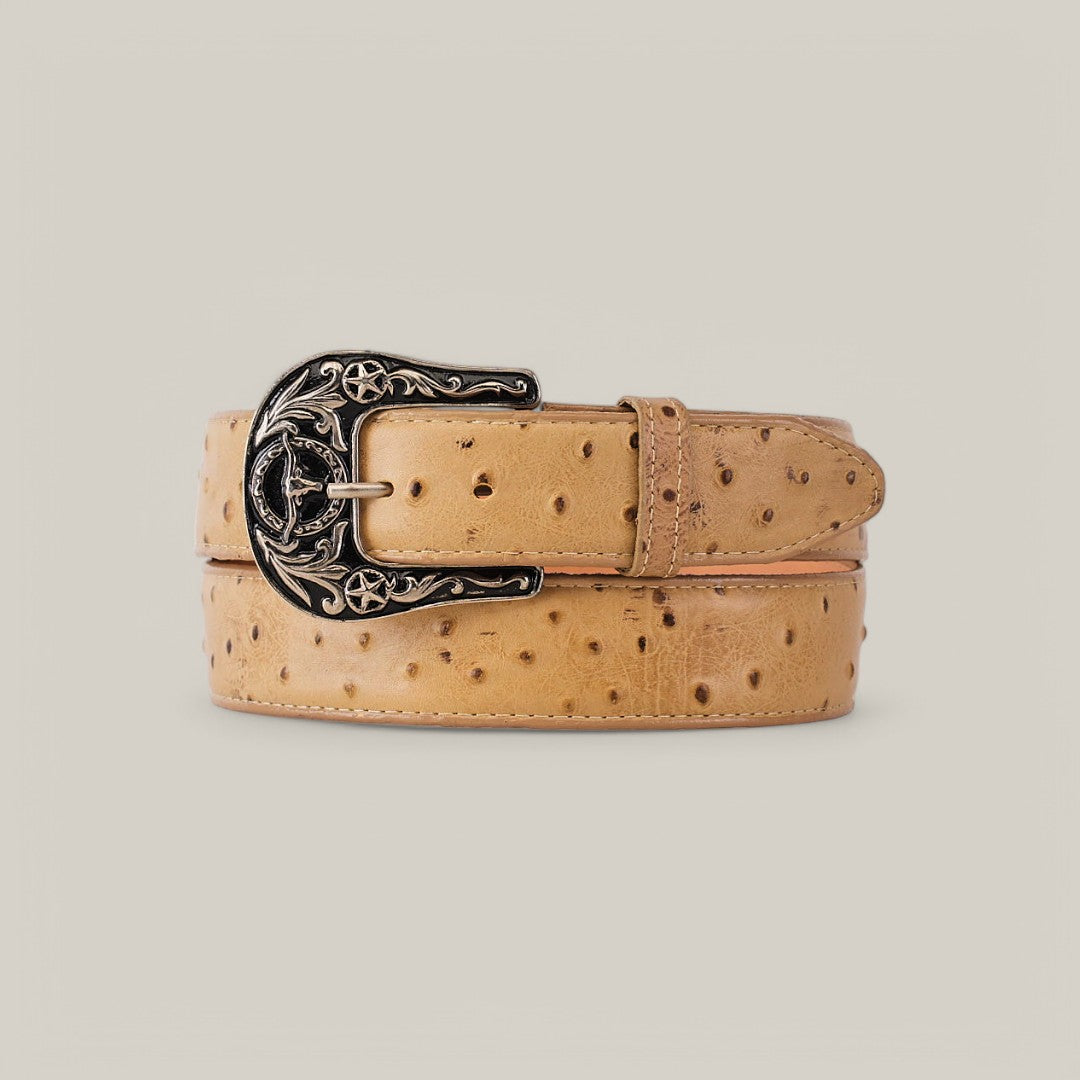 The Ostrich Print Orix Belt in tan, featuring a luxurious ostrich texture and adorned with a decorative silver Texas Buckle with star patterns, is elegantly coiled in a loop against a neutral background.