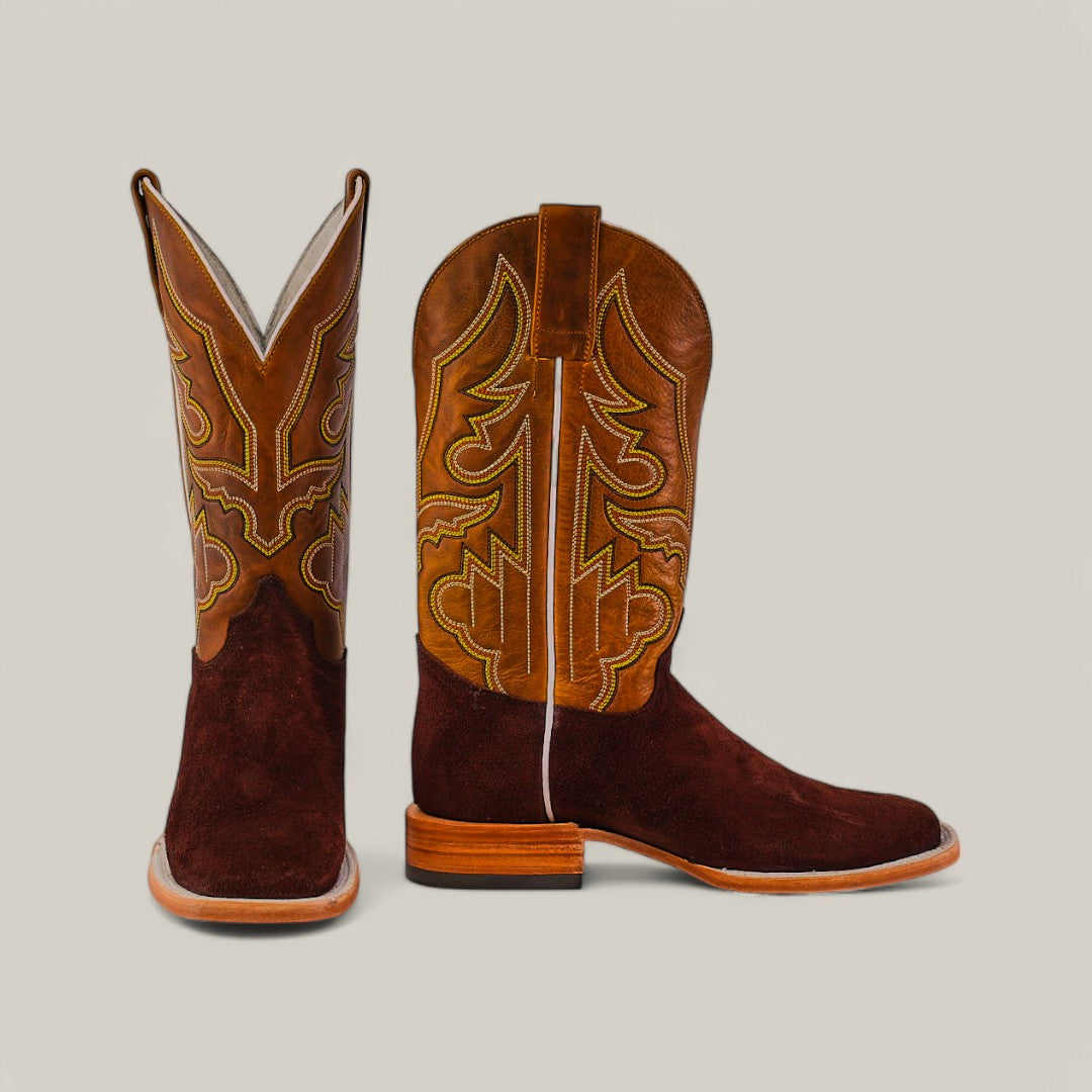 Brown Suede - Platinum, square toe cowboy boots with intricate tan stitching are shown from the side and back on a plain gray background.