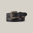 The Python Print Black Belt - Texas Buckle for kids exudes elegance and style with its crocodile-skin embossed texture and ornate gold-toned buckle, beautifully showcased against a light gray background.