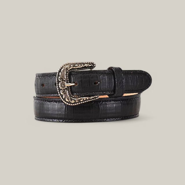 The Python Print Black Belt - Texas Buckle for kids exudes elegance and style with its crocodile-skin embossed texture and ornate gold-toned buckle, beautifully showcased against a light gray background.