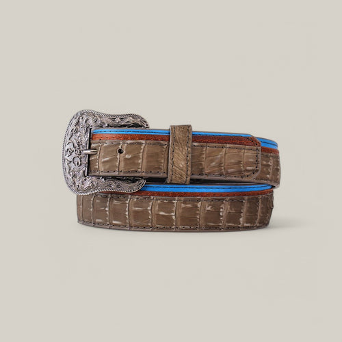 Exotic Caiman - Platinum Buckle - Gray Belt
