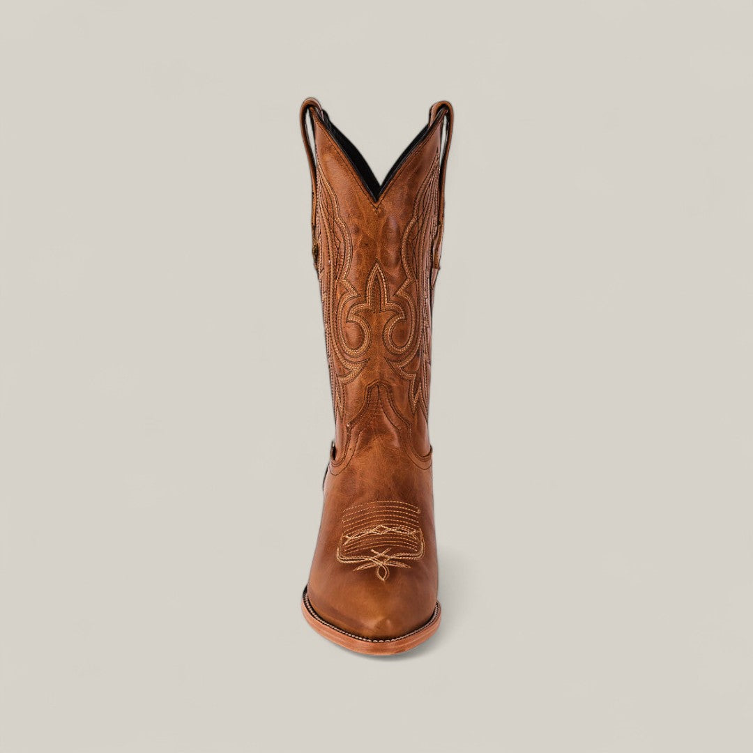 The Fresno - Fawn - Snip Toe boot is displayed upright and facing forward against a plain light background, showcasing its quality craftsmanship and decorative stitching in brown leather.