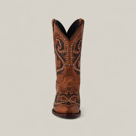 Front view of the Dolly - Brown - Snip Toe boot, showcasing intricate embroidery and decorative studs, set against a neutral background.