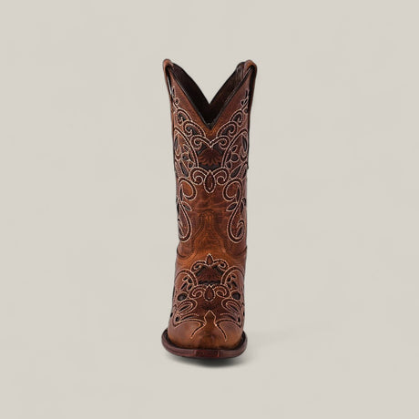 The Gina - Brown - Snip Toe boot features intricate white stitching and decorative patterns, displayed solo from the front against a plain light background.