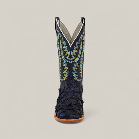 The Exotic Pirarucu Fish - Navy Black - Square Toe boot features a black, scale-textured foot and tall shaft with detailed green and blue stitching, displayed on a light background as part of the luxury Platinum Collection.