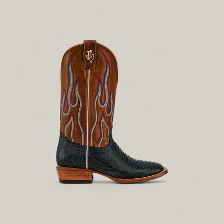 A highlight of the Platinum Collection, the Exotic Python - Dark Blue - Square Toe Boot pairs a brown leather upper with blue and red stitching and a dark blue python lower, finished with a wooden heel for bold western style.
