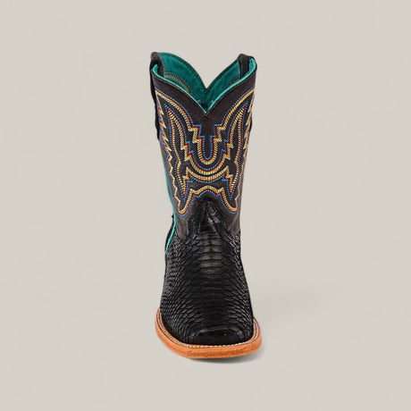 The Exotic Python Black - Square Toe - Kids Boot features a black textured surface, colorful shaft stitching, teal lining, and a light brown sole, shown front-facing against a plain background for a stylish look.