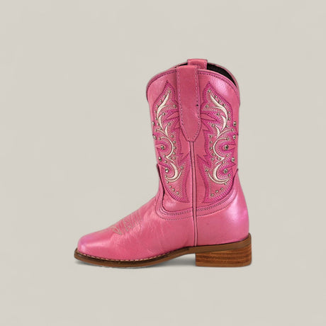 The Amara Pink - Square Toe - Kids Boots feature decorative stitching, embroidery, a rounded square toe, and a low wooden heel—perfect for cozy childrens boots theyll love.