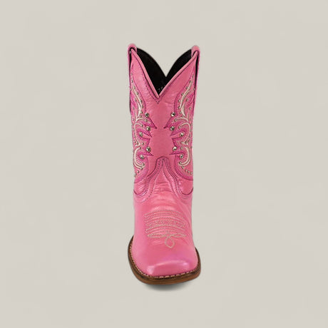 The Amara Pink - Square Toe - Kids Boots is shown upright, featuring decorative stitching and patterns, against a plain light background.