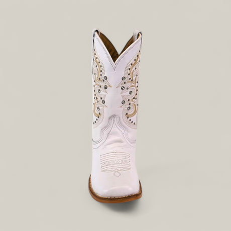 The Amara White - Square Toe - Kids Boots features a single white boot with decorative stitching, silver and gold embroidery, and metallic studs, crafted from premium materials and shown from the front against a plain light background.