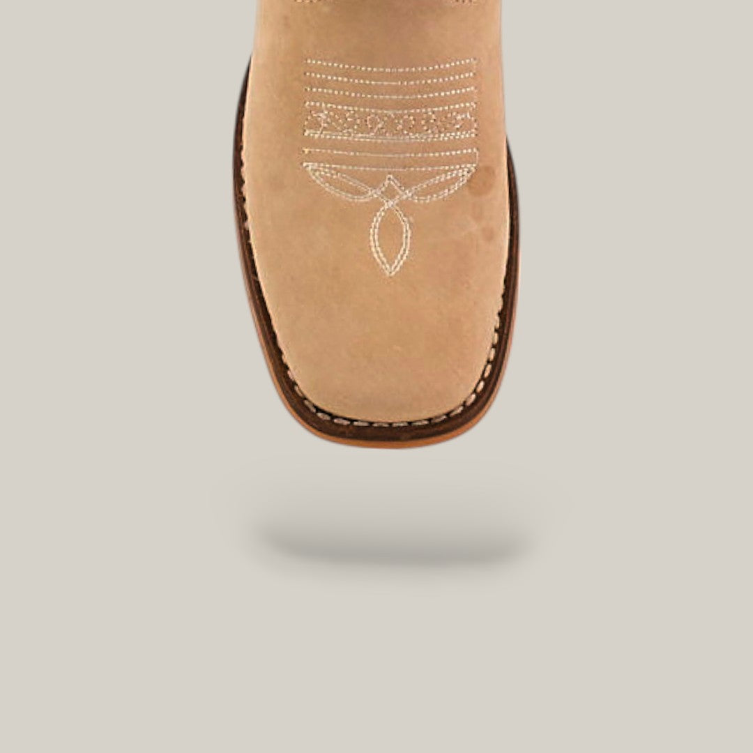 The Orion Suede Bone - Square Toe - Kids Boots feature a tan suede finish with white decorative toe stitching, shown from above on a light grey background with a soft shadow.