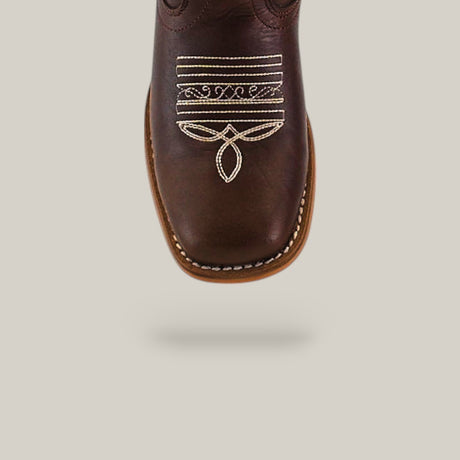 The Britany Brown - Square Toe - Kids Boots feature quality craftsmanship and white decorative stitching on the toe, shown from above against a plain light background.