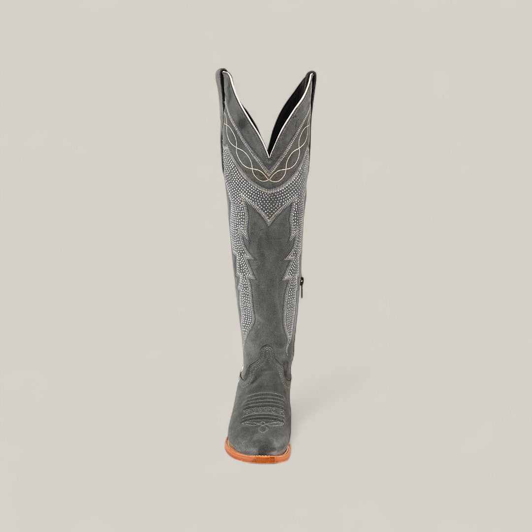 The Celine Gray - Tall Shaft - Snip Toe women’s black leather cowboy boot features white decorative stitching, a snip toe, and a wooden sole. Shown from the front on a plain light background.