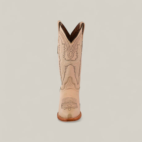 The Tessa Champagne Mid Shaft Snip Toe boot for women features decorative stitching and is shown from the front against a plain light background—an elegant update on classic snip toe boots.