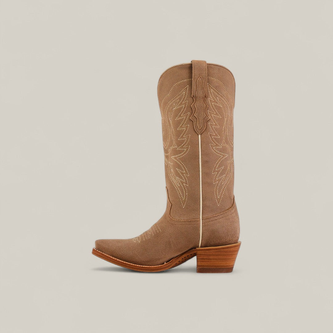 Miranda Suede Khaki Leather Sole boots feature decorative stitching on the mid shaft, a side pull strap, snip toe, and stacked wooden heel. Shown on a plain light background.