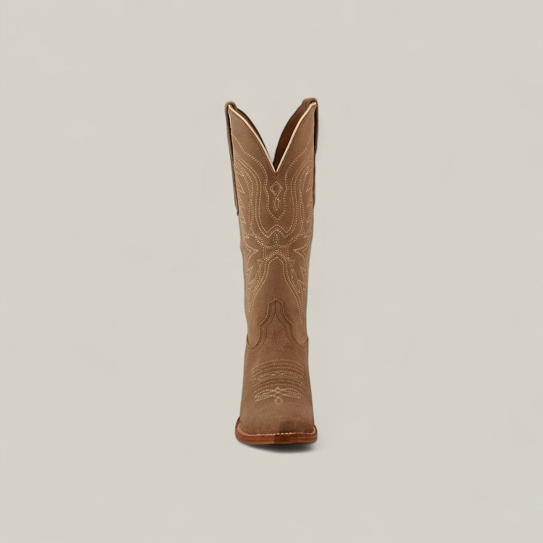 The Miranda Suede Khaki Leather Sole Mid Shaft Snip Toe boot is displayed upright and forward-facing, highlighting its brown suede finish and light decorative stitching against a plain light background.