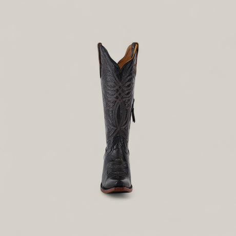 The Kellie Clayton Black Leather Sole Tall Shaft Snip Toe boot is shown upright and facing forward against a plain light background, highlighting its detailed stitching.