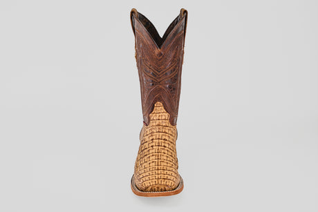 The Exotic Caiman Horn Back - Antique - Square Toe boot features a textured light tan lower and a dark brown, ornately stitched upper section, displayed front-facing on a plain light gray background.