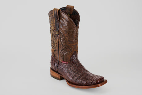 A single Exotic Caiman Hornback - Brown - Rodeo Toe cowboy boot featuring a brown leather upper with decorative stitching and a dark brown genuine caiman leather foot, shown against a plain light gray background.