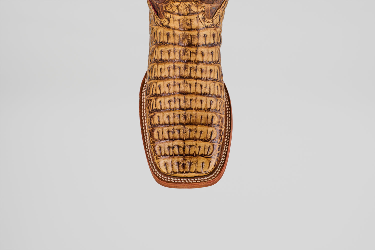 A close-up of the Exotic Caiman Horn Back - Biza Camel - Square Toe boot highlights its striking caiman horn back texture against a plain light background.