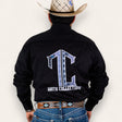 A man in a cowboy hat, black shirt with a large TC Hats Collection logo on the back, and blue jeans wears the TC Hats - Black Blue Aztec belt, featuring a stylish white and blue Aztec design, standing with his back to the camera.