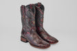 The Exotic Alligator - BlackCherry Square Toe boots feature dark red textured alligator leather, black and gray decorative stitching, crest designs on the shafts, and low wooden heels against a plain light background.