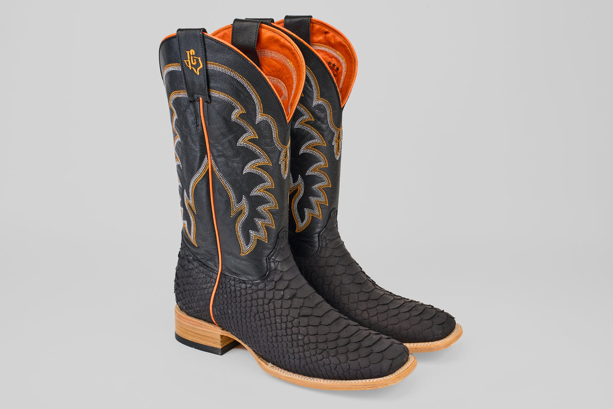 Wayne - Matte Black - Square Toe boots feature a scaled texture, tan wooden soles, orange stitching and lining, and a stylized logo on the upper shaft from the Wayne Diamond Collection.