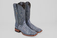 Exotic Full Quilt Ostrich boots in Safari Gray feature decorative stitching, square toes, and brown wooden heels, displayed on a light background.