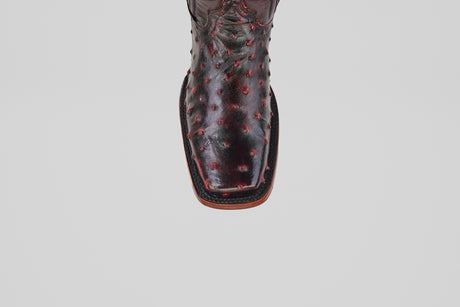 A top view of the Exotic Ostrich - Black Cherry - Rodeo Toe boot showcases its dark, textured ostrich leather and square rodeo toe, all displayed on a plain white background.