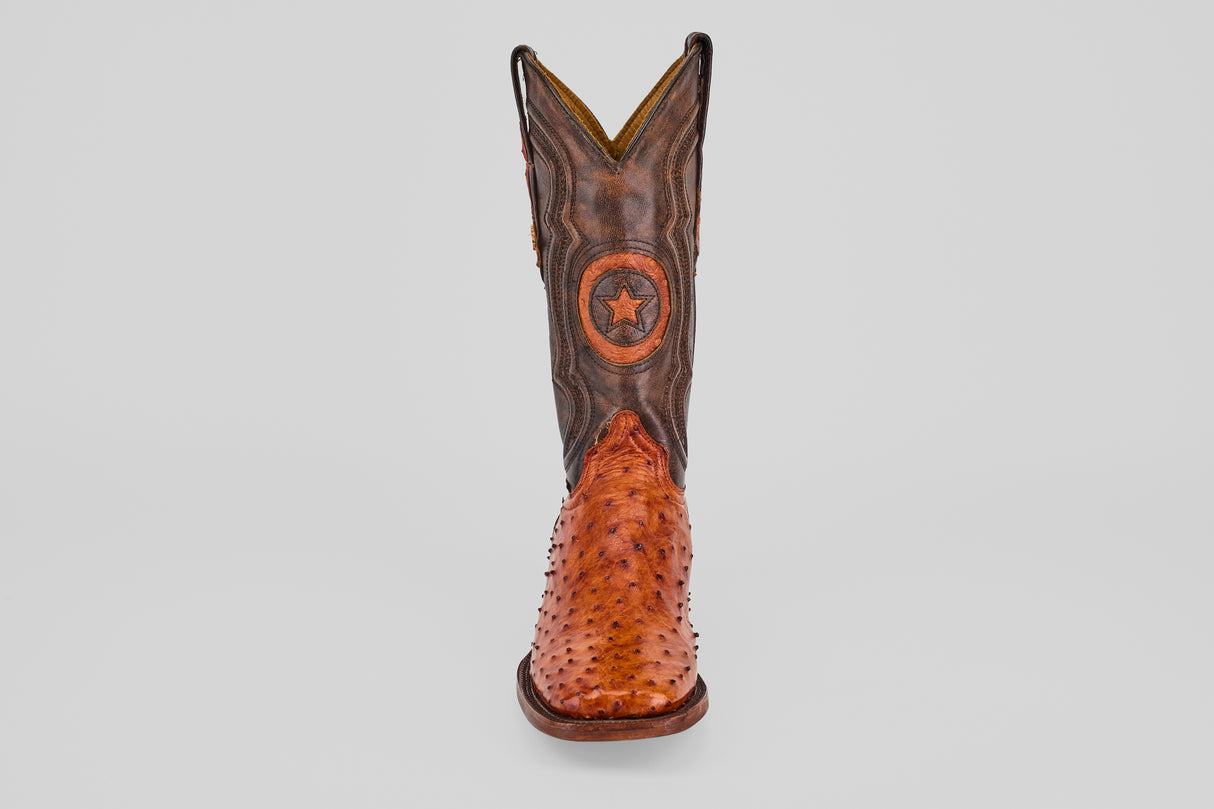 The Austin - Brandy - Square Toe features a single brown cowboy boot with a textured Avestruz Brandy leather foot, dark shaft, and circular star emblem on the front, shown against a plain light background.