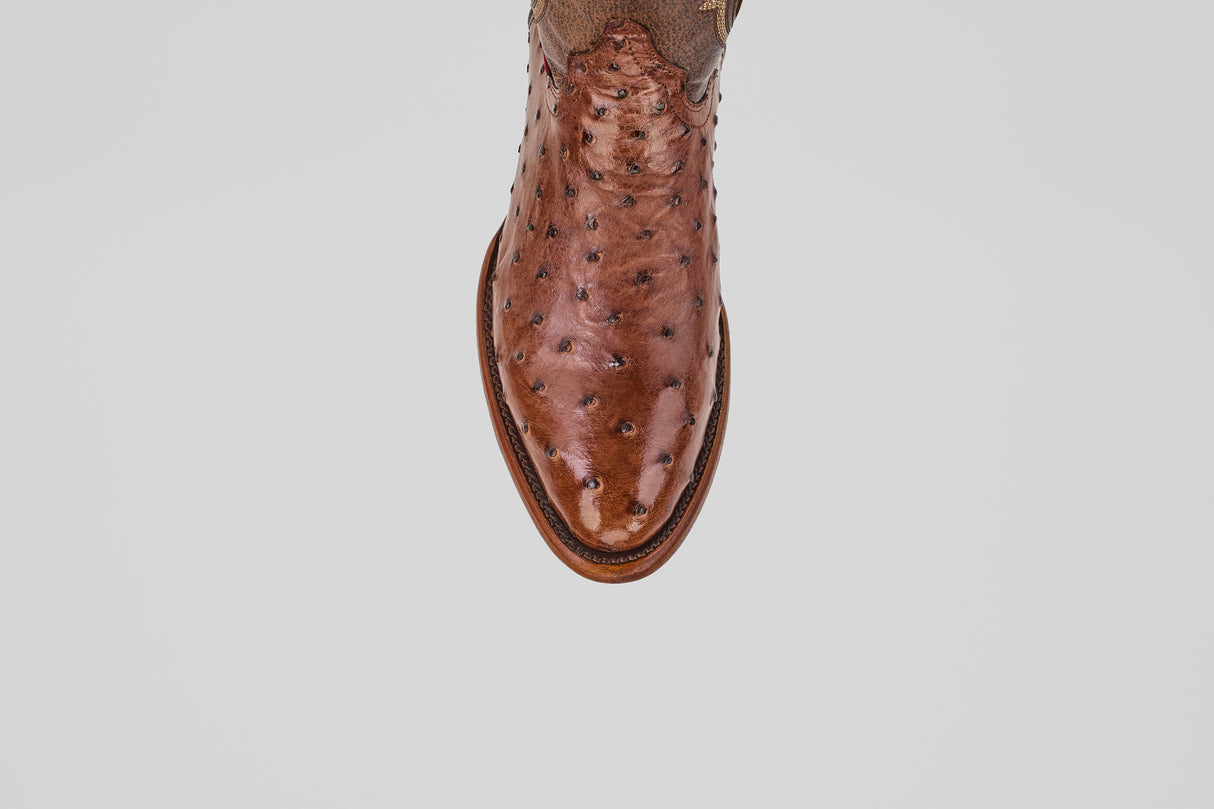 A close-up, top-down view of the toe and upper of the Austin - Brown - Round Toe cowboy boot in brown ostrich leather, shown against a plain light gray background.