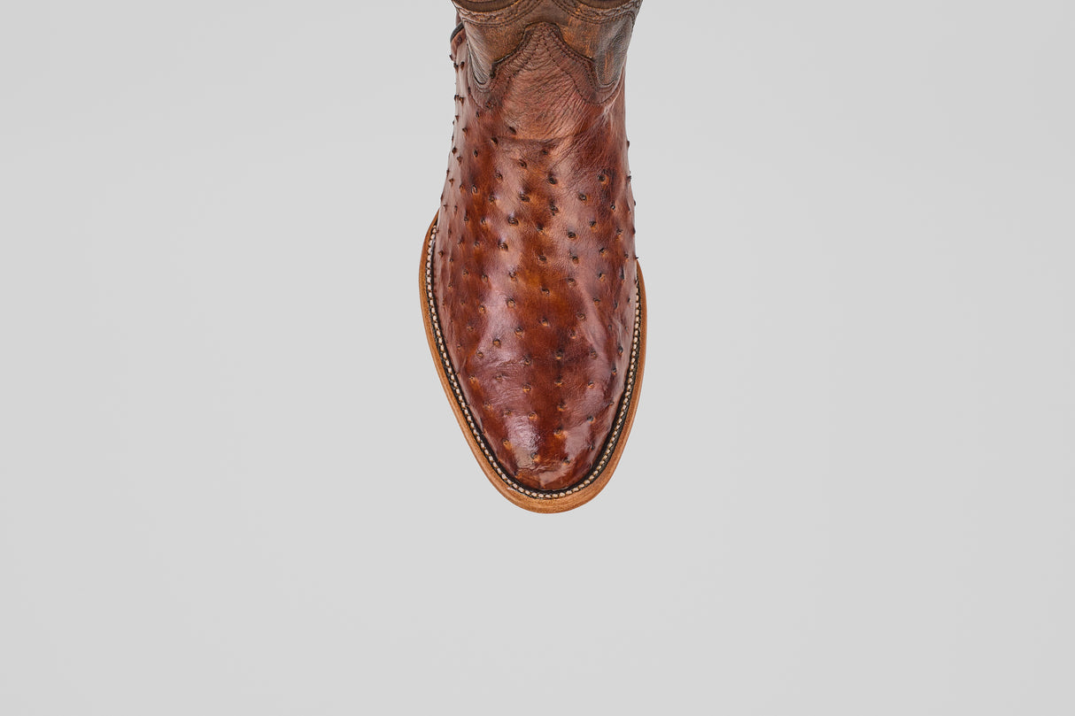 A close-up, top-down view of the Austin - Tabaco - Roper Toe men’s cowboy boot in brown ostrich leather, showcasing its texture and stitching on a plain white background.