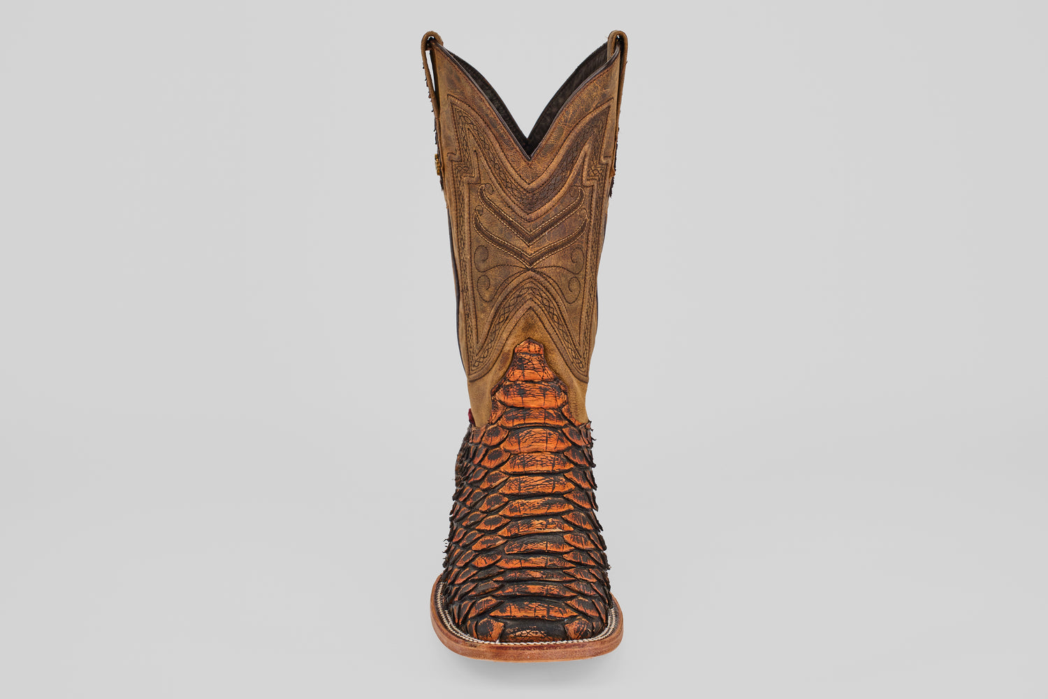 A single Tanner Jumbo – Chestnut – Square Toe cowboy boot in python leather, featuring intricate shaft stitching and a textured scaly foot, photographed from the front on a plain white background.
