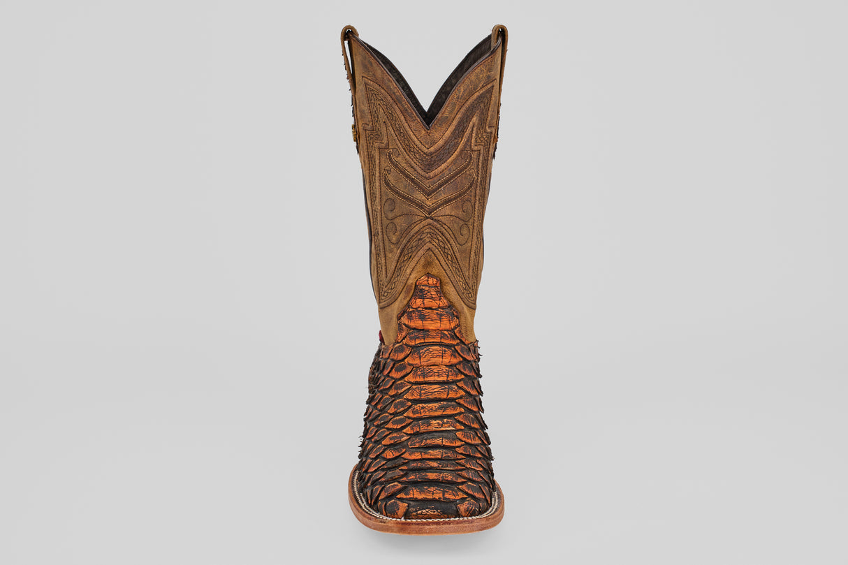 A single Tanner Jumbo – Chestnut – Square Toe cowboy boot in python leather, featuring intricate shaft stitching and a textured scaly foot, photographed from the front on a plain white background.