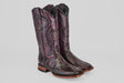 A pair of Tanner - Black Cherry - Square Toe cowboy boots with dark reddish-brown python-textured leather and detailed stitching, shown against a plain light gray background.