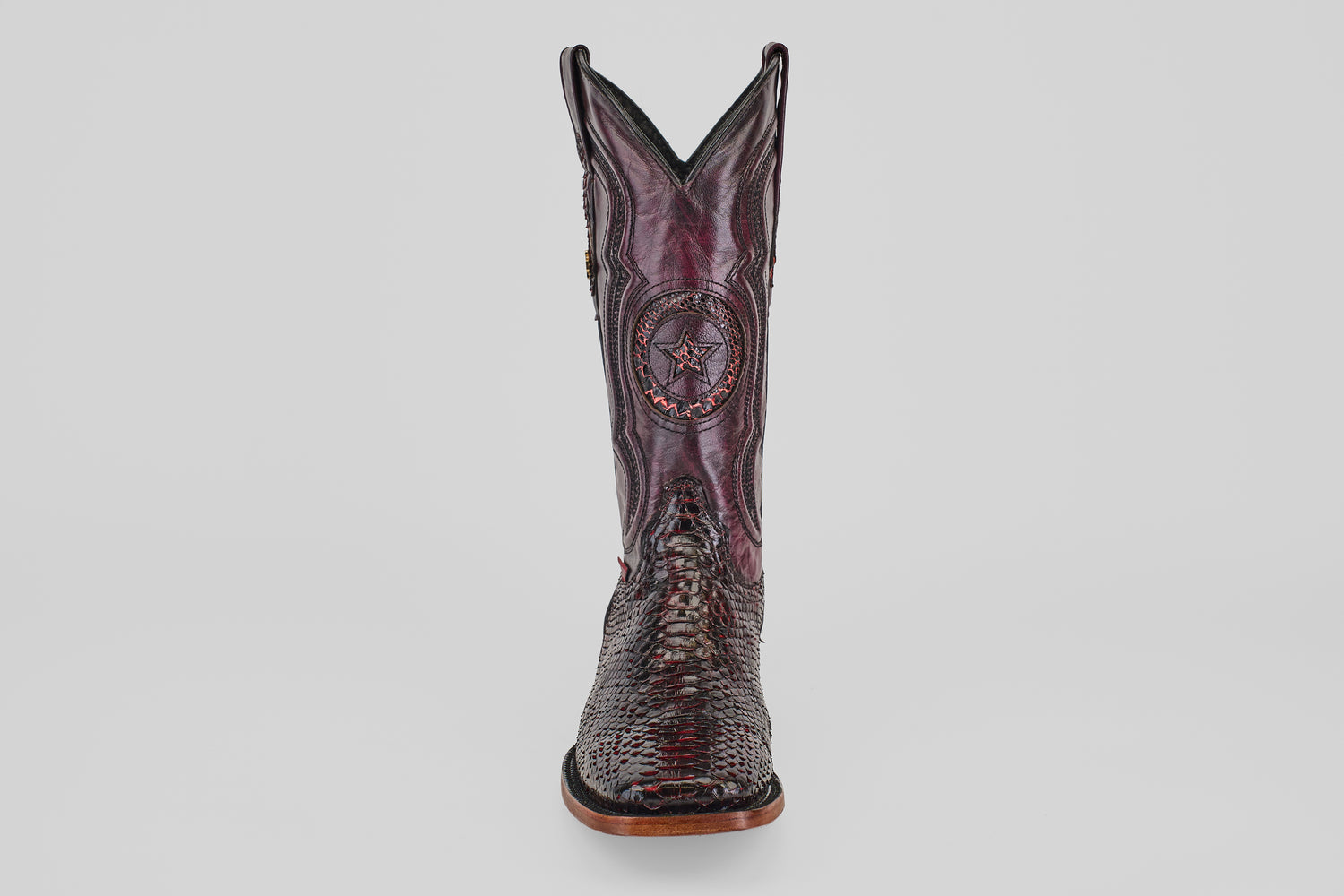 A single dark brown, textured cowboy boot with a square toe and decorative stitching, Tanner - Black Cherry - Square Toe, is photographed against a plain white background.