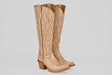 The Allison Cream Tall Shaft cowboy boots for women feature tan leather, decorative stitching, snip toes, and angled wooden heels, showcased on a plain white background.