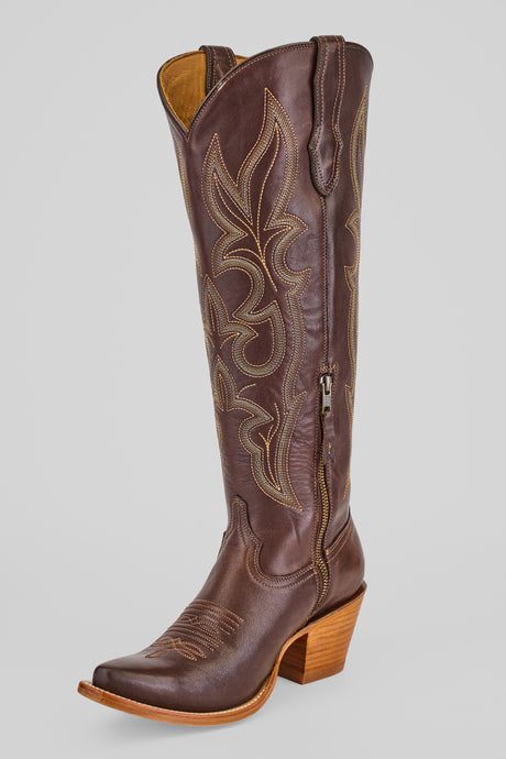 The Allison Dark Moka - Tall Shaft - Snip Toe women's boot features dark mocha leather, decorative tan stitching, a snip toe, side zipper, and stacked wooden heel, shown on a plain gray background.