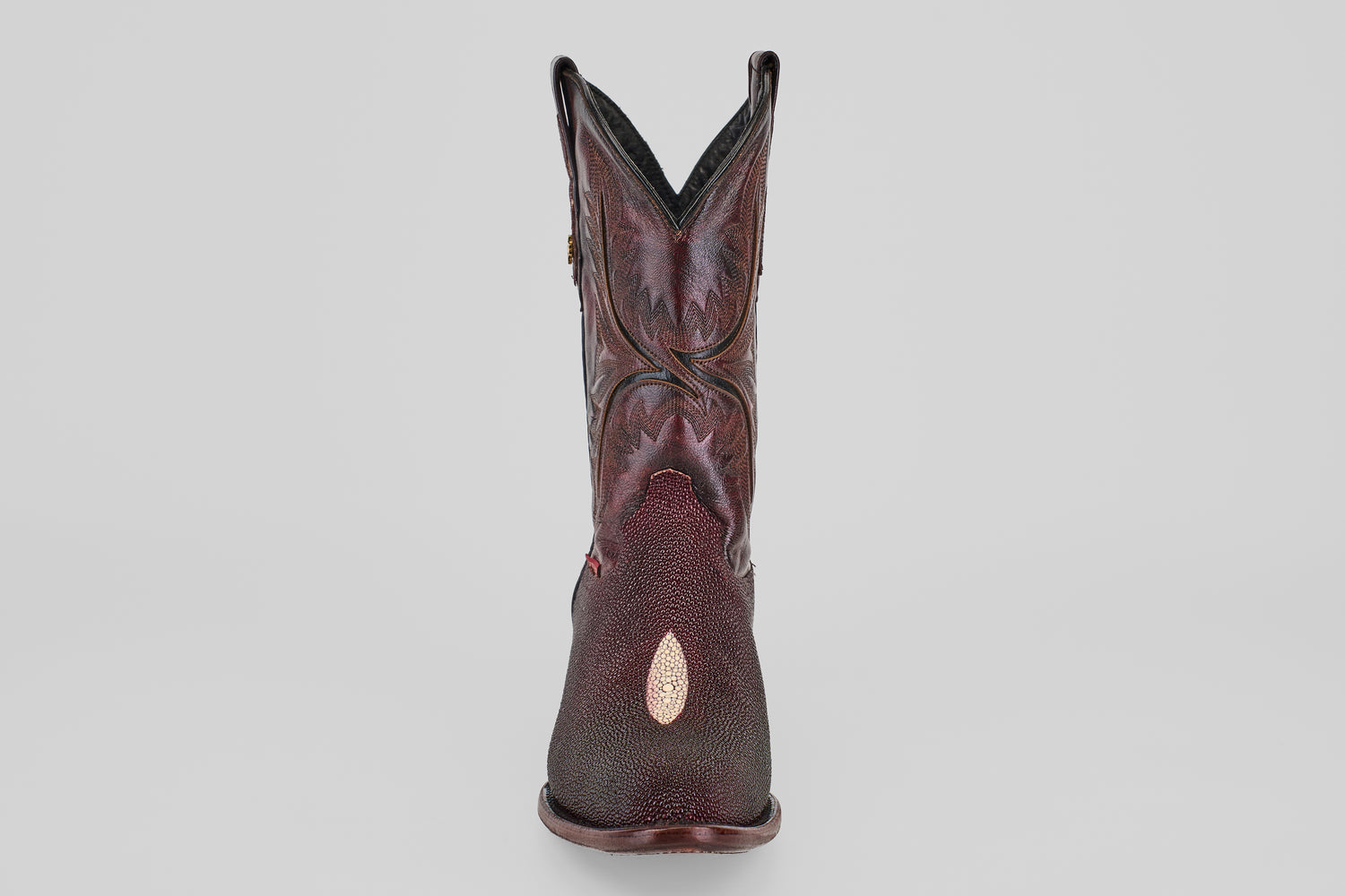 The Ranger – Wine – Round Toe cowboy boot, featuring decorative stitching and Western style, is displayed front-facing against a plain gray background.