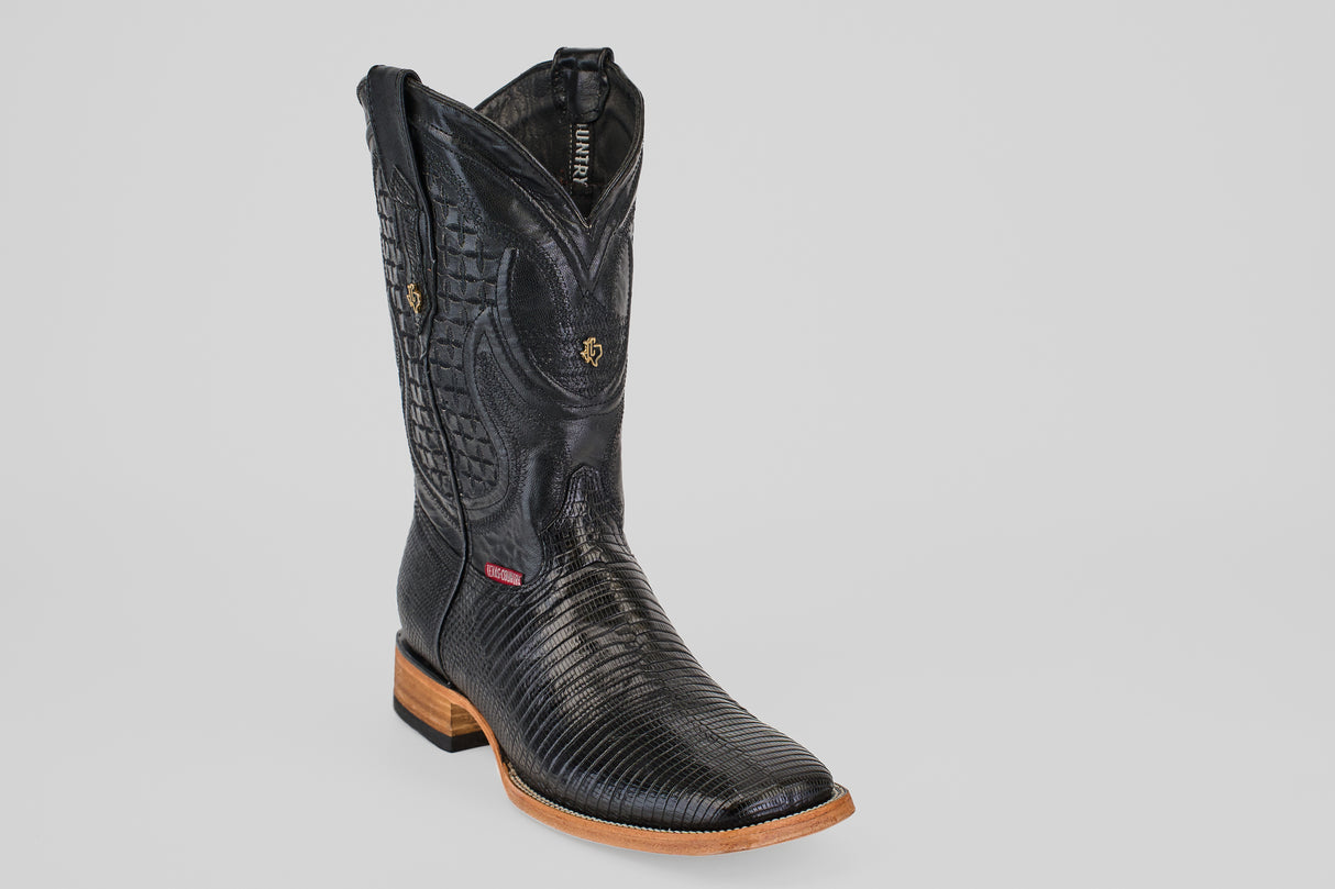The Blaze – Black – Square Toe boot is crafted from genuine lizard leather with a textured pattern, square toe, and wooden heel, shown against a light gray background.
