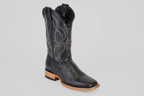 The Python Black - Embossed Leather - Square Toe (E425) boots feature a classic black design with silver details and embossed leather, offering a timeless silhouette perfect for any occasion.