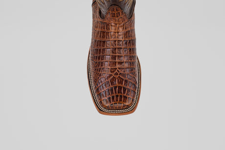 A top view of the Caiman Belly Choco - Embossed Leather - Square Toe (E423) boot showcases its brown, crocodile-embossed leather and detailed toe stitching, set against a plain light gray background.