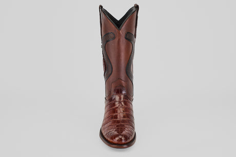 The James Platimun - Dark Cogñac boot with a glossy, textured finish and classic roper toe stands upright, facing forward against a plain light gray background.