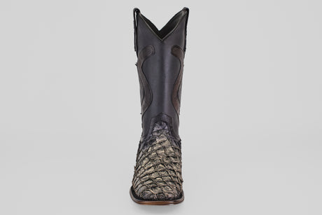 The Conor Platinum - Newspaper - Square Toe (Diamond) boot features a textured pirarucu leather lower and dark shaft, photographed from the front on a light gray background—perfect western boots for men.