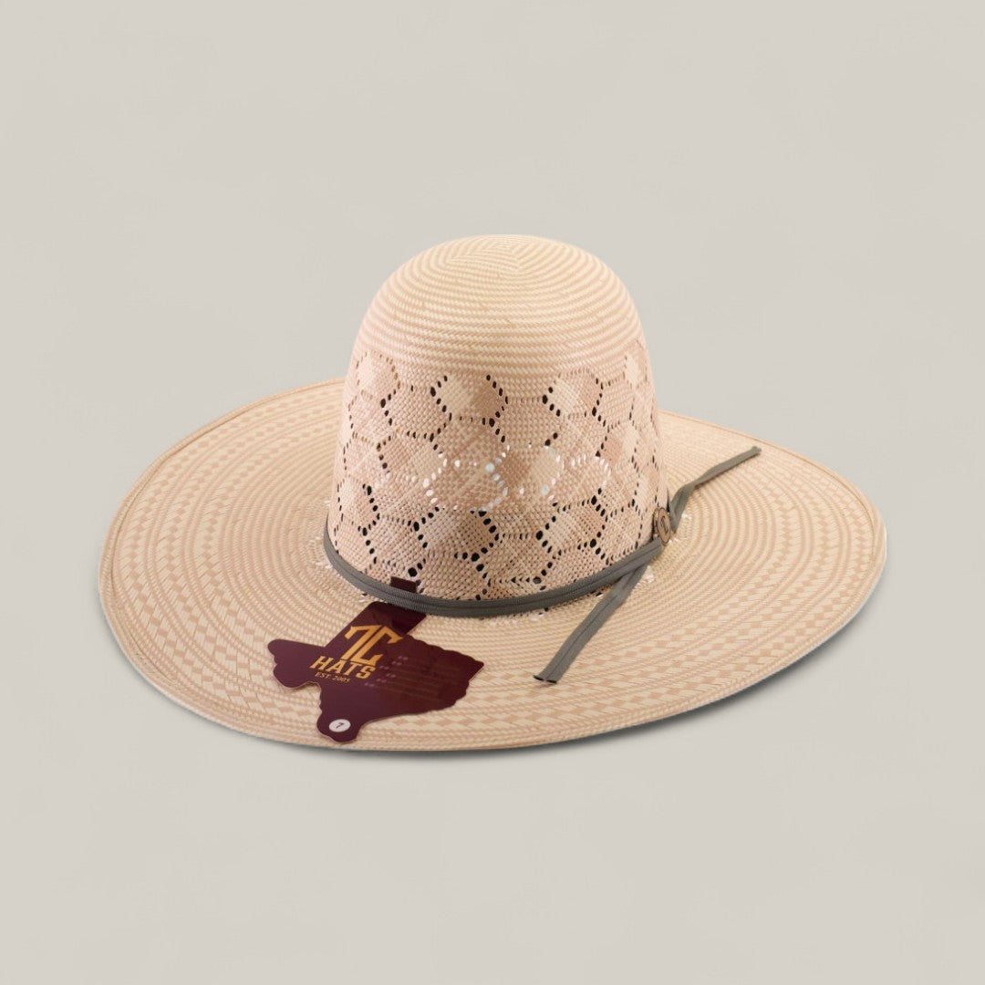 The 30X Hexagon - Open Crown is a beige woven sun hat with a wide brim, maroon Texas-shaped ATM patch on the brim, lattice-style ventilation around the crown, and a unique style perfect for sunny days.
