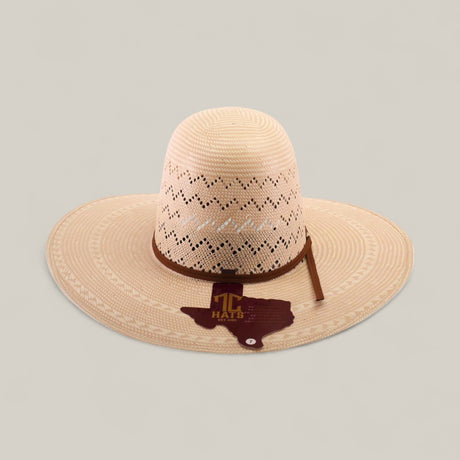 The 30X Zig Zag - Open Crown is a wide-brimmed straw hat with decorative patterns, a Texas-shaped brown patch labeled Hats near the brim, and a thin brown chinstrap—ideal for fans of customizable hats.