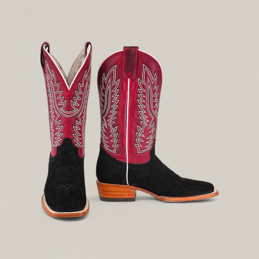 The Colt - Black - Square Toe mens boots feature black suede square toes, red uppers with white zigzag stitching, and light brown wooden heels, shown against a plain light gray background.